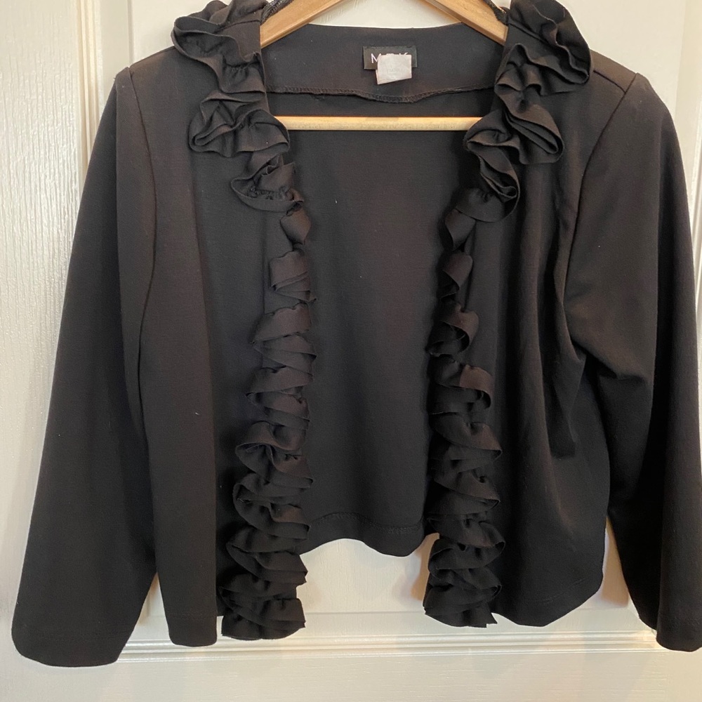 Black sweater jacket with ruffles